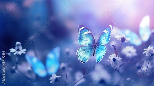  a blue butterfly flying over a field of white daisies. generative ai