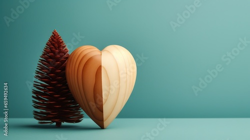  a heart shaped wooden object next to a pine tree on a blue background.  generative ai