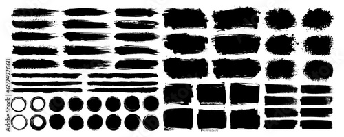 Paint brush stroke, grunge ink splash and watercolor texture set for social media background. Grungy splatter, frame, line art and banner. Torn or rip business paper. Vector paint brush silhouette.