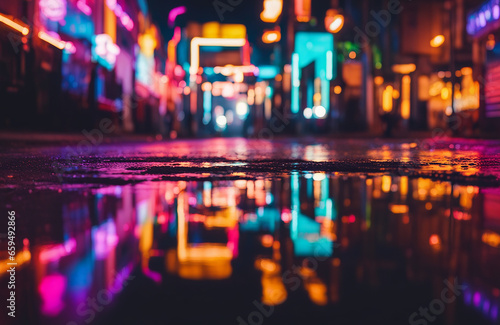 Multi-colored neon lights on a dark city street  reflection of neon light in puddles and water. Abstract night background  blurred bokeh light. Night view colorful