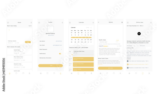 Cook Food Online academy Yellow App Template with spanish, american, sushi & dessert classes