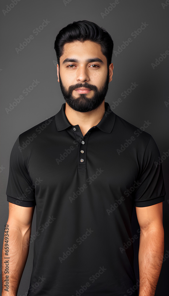 Obraz premium a handsome Latin man with a beard, wearing a black polo on a black background. Generated by AI