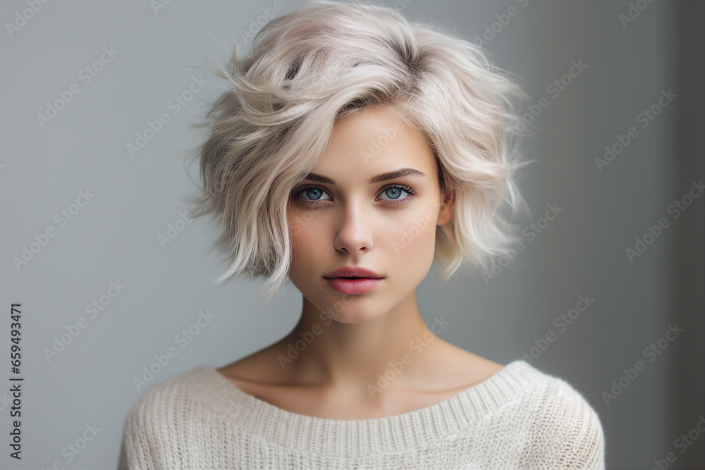 Generative AI picture of beautiful blonde woman fashion model after salon hairdresser procedure - obrazy, fototapety, plakaty 