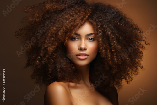 Generative AI picture of Young beautiful girl model demonstrating perfect styling curly hair