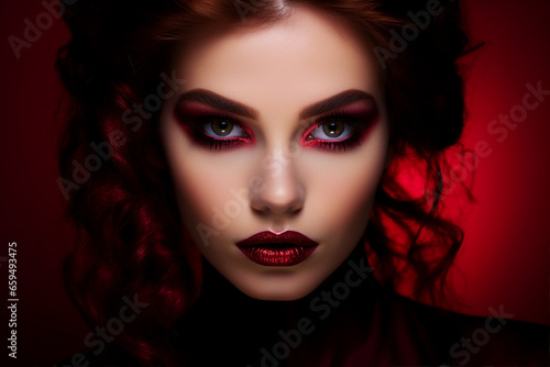 Generative AI portrait picture of beautiful glamorous luxury make up fashion model girl over red maroon background