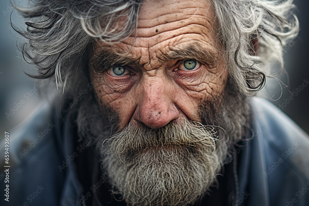 Close up photography of old poor homeless man with a sad look on his face generative ai image Close up photography of old poor homeless man with a sad look on his face generative ai image