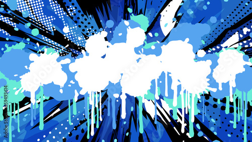 アメコミ風_爆発と垂れたペンキの背景イラスト_青_16:9