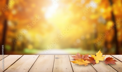 Autumn maple leaves on wooden table  falling leaves natural background for web banner  design template. Generative AI