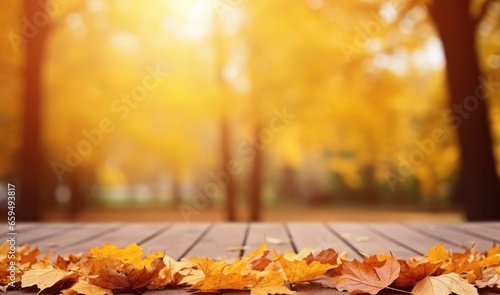 Autumn maple leaves on wooden table  falling leaves natural background for web banner  design template. Generative AI