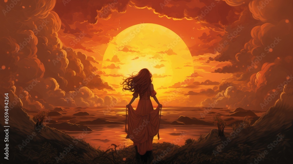Fototapeta premium The big sun was setting, an orange-red tint.