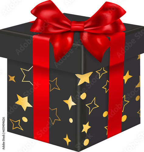One big black gift box with red ribbons and bow, and golden patterns