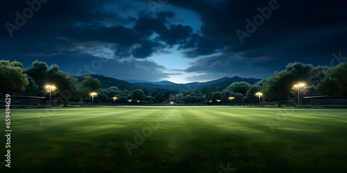 Panoramic view of the lawn of a soccer practice field at night