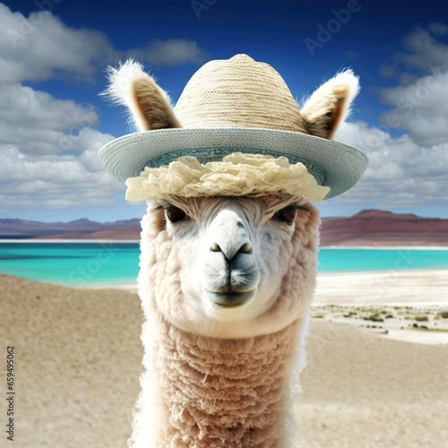 Cute alpaca lama in a straw hat against the background of the blue sea. Generative AI