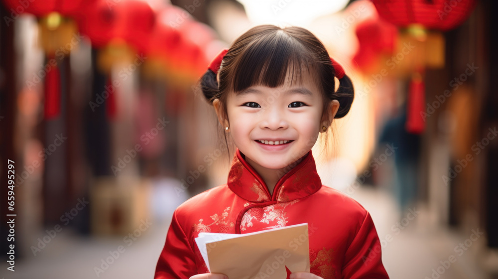 Cute Chinese child wearing red Chinese clothes holding red envelopes celebrate the Chinese New Year in an old China town Cute Chinese child wearing red Chinese clothes holding red envelopes celebrate the Chinese New Year in an old China town