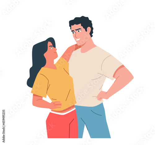 Sporty couple hugs. Modern flat cartoon illustration isolated on white background