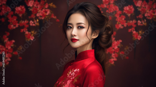 Beautiful Chinese woman wearing a red cheongsam celebrates the Chinese New Year,