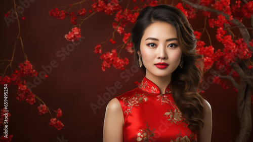 Beautiful Chinese woman wearing a red cheongsam celebrates the Chinese New Year,
