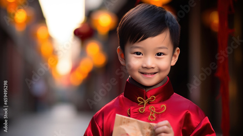 Cute Chinese child wearing red Chinese clothes holding red envelopes celebrate the Chinese New Year in an old China town