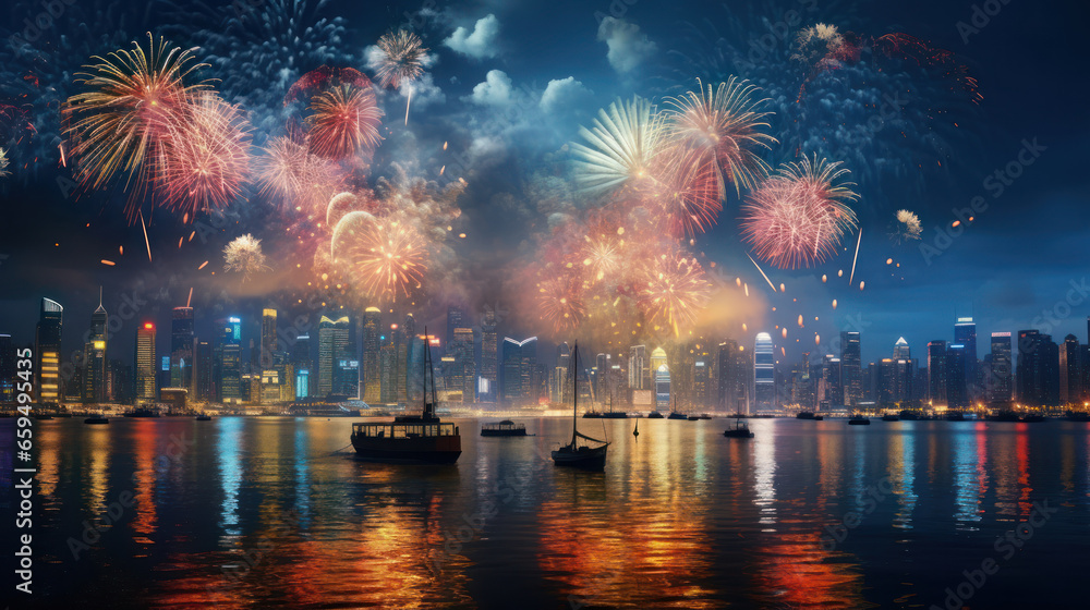 Hong Kong Happy New Year Festival and Firework - obrazy, fototapety, plakaty 