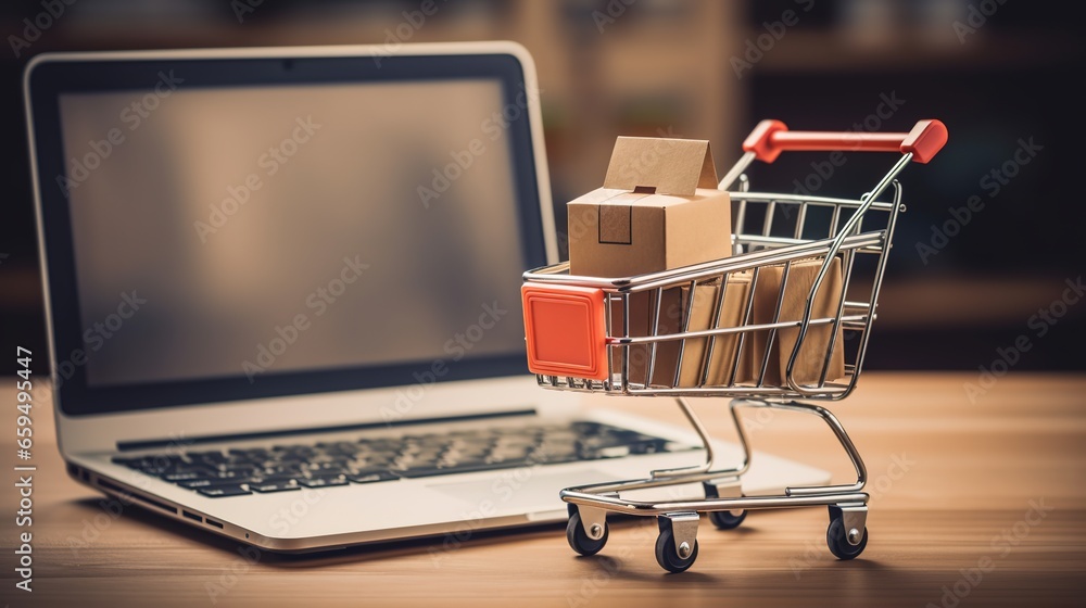 Small shopping cart standing in front of laptop, online shopping concept, plush box, paper bag, laptop, smartphone, credit card