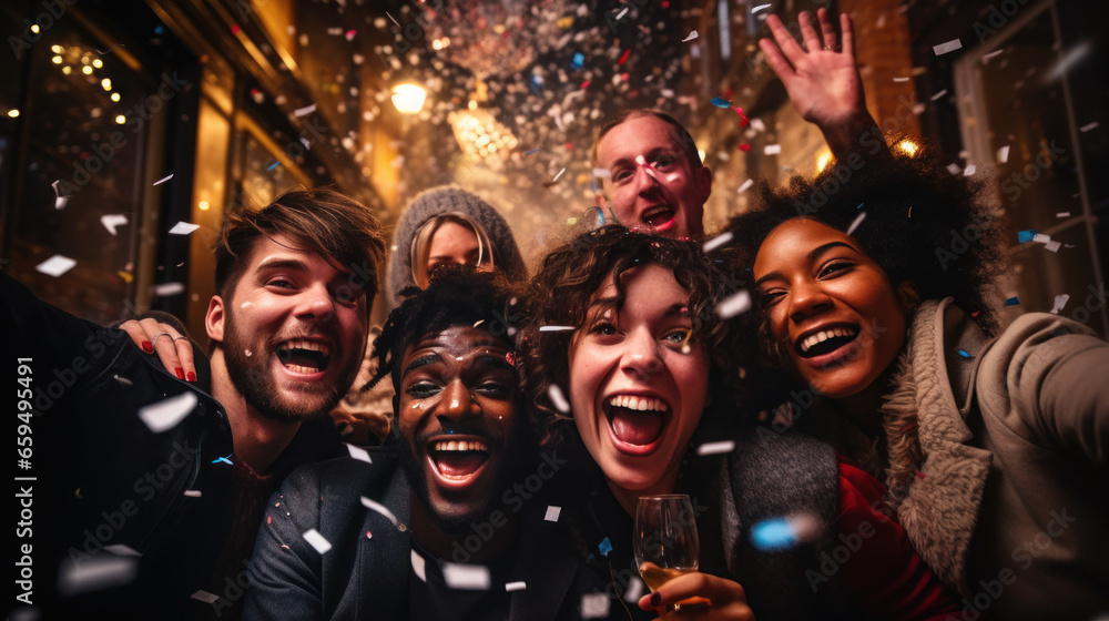 People happily celebrate the new year together - obrazy, fototapety, plakaty 