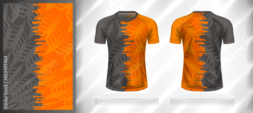 Vector sport pattern design template for V-neck T-shirt front and back with short sleeve view mockup. Dark and light shades of grey-orange color abstract geometric texture background illustration.