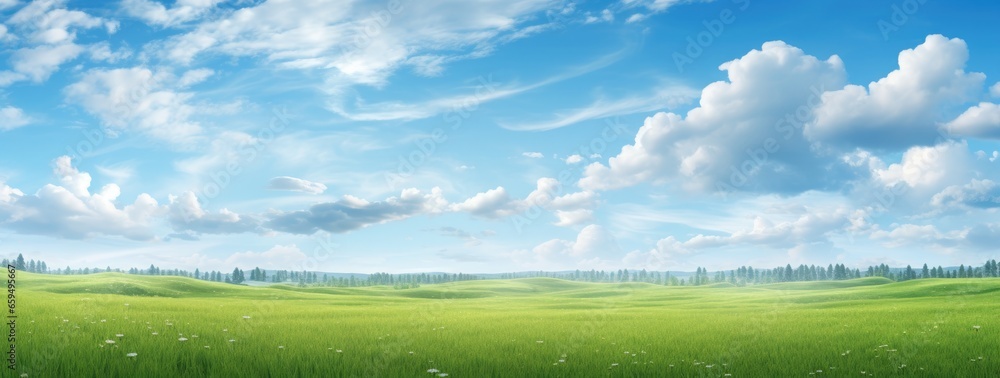 Green grass field agains the blue cloud sky, Generative AI - obrazy, fototapety, plakaty 