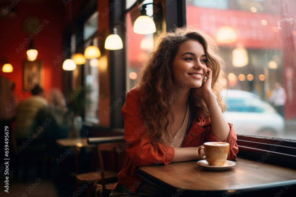 Smiling young woman sitting in cafe and looking out window. Warm sunlight through window lights her hair and face. Happy lifestyle. Bokeh background.