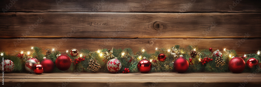 Weihnachtliches Dekobanner mit Weihnachtskugeln und Tannenzapfen vor Holzhintergrund, Hintergrund Illustration - obrazy, fototapety, plakaty 