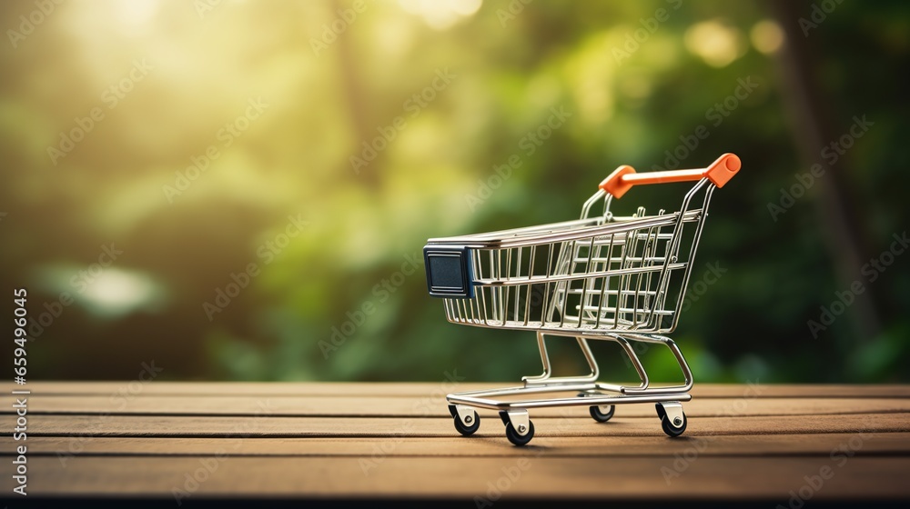Small shopping cart standing in front of laptop, online shopping concept, plush box, paper bag, laptop, smartphone, credit card Small shopping cart standing in front of laptop, online shopping concept, plush box, paper bag, laptop, smartphone, credit card