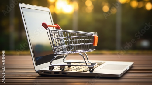 Small shopping cart standing in front of laptop, online shopping concept, plush box, paper bag, laptop, smartphone, credit card