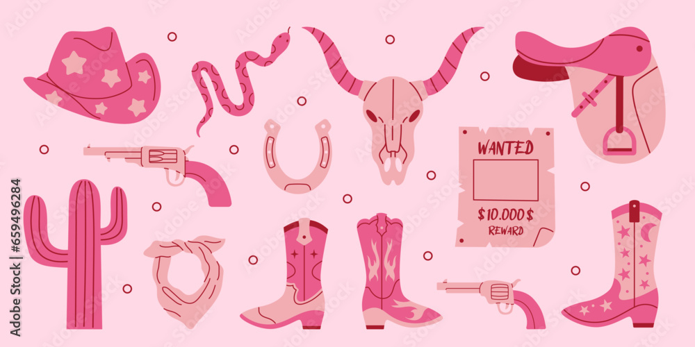 Vector western set. Retro pink glamour collection of cowgirl boots, bandana, hat, gun, cactus, horseshoe, cow skull, saddle, wanted poster and snake. Y2k wild west cowboy concept. - obrazy, fototapety, plakaty 