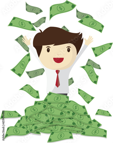 Businessman standing among piles of money and banknotes flying all around