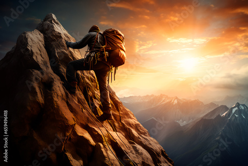 A climber climbs a mountain. Bright image, sunset in the mountains.