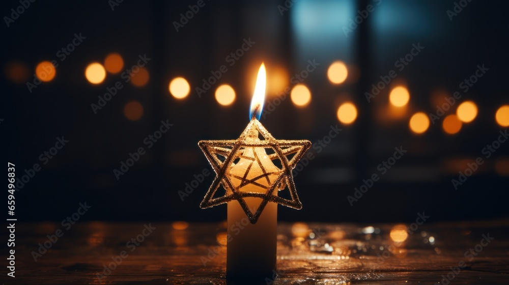 golden star of david on a black background. a candle is burning below - obrazy, fototapety, plakaty 