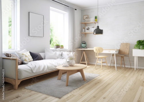 Scandinavian living room interior in light colors with a sofa, table, empty frame on the wall, home plants and a large bright window. The concept of modern and cozy home design. Generative AI