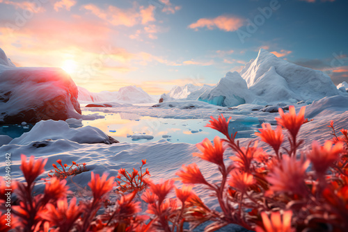 Flowers bloom in Antarctica. Climate changes. Melting glacier. Global changes on the planet.