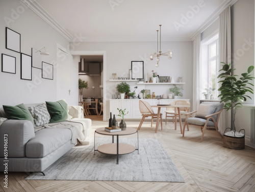 Scandinavian living room interior in light colors with a sofa  table  empty frames on the wall  home plants and a large bright window. The concept of modern and cozy home design. Generative AI