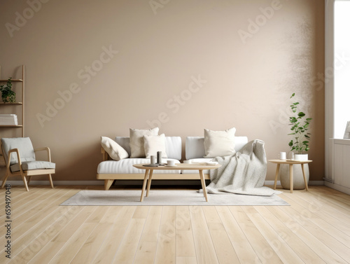 Scandinavian living room interior in beige colors with a sofa, table, empty wall and a large bright window. The concept of modern and cozy home design. Generative AI