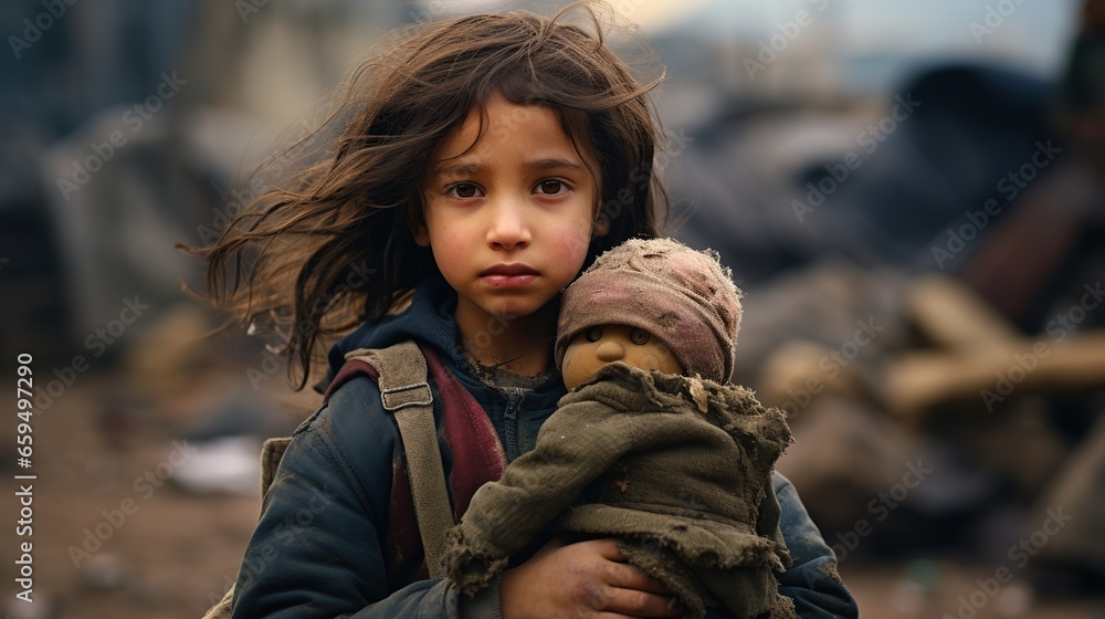 An In the Middle of an Empty Street is a Girl Holding her Stuffed Animal. She is Wearing Dirty Clothes. Behind her are empty and Broken Buildings. The Girl's Face is Confused and Scared.