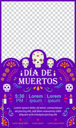 Plantilla de cartel vertical del día de muertos, con marco para fotografía 