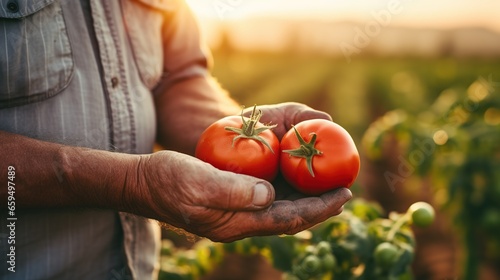 an old farmer's hand holding a tomato in his hand in the field at sunset, red tomatoes, juicy fresh vegetables, Asian