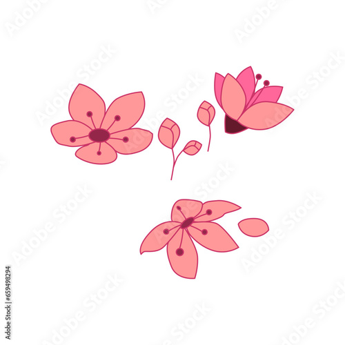 Isolated flowers of sakura set. Cartoon pink blossoms of Japanese cherry tree. Vector clip art illustration.
