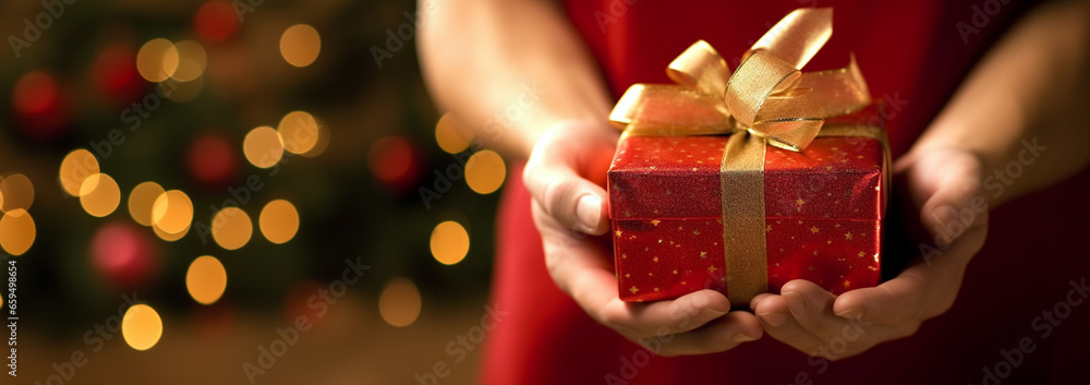 New Year and Christmas background. Female hands holds gift with red ribbon Front view, web banner. Close up hands holding present. Birthday,Christmas,Mothers Day Holiday concept - obrazy, fototapety, plakaty 