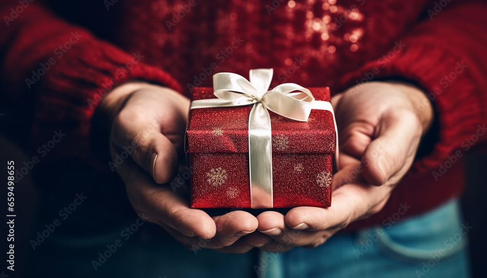 New Year and Christmas background. Female hands holds gift with red ribbon Front view, web banner. Close up hands holding present. Birthday,Christmas,Mothers Day Holiday concept New Year and Christmas background. Female hands holds gift with red ribbon Front view, web banner. Close up hands holding present. Birthday,Christmas,Mothers Day Holiday concept