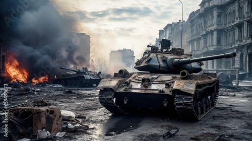 damaged tanks from battle, explosions, fires, deserted city backgrounds 