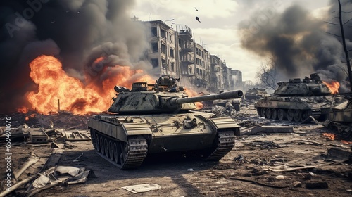 damaged tanks from battle, explosions, fires, deserted city backgrounds 