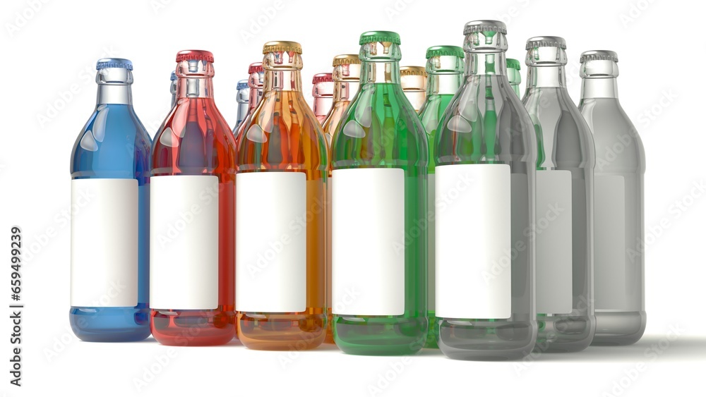 Transparent, filled, colored bottles with a white label. 3d illustration Transparent, filled, colored bottles with a white label. 3d illustration