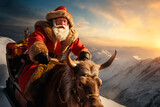 Santa Claus rides a sleigh through the mountains