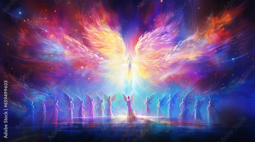 illustration of colorful angels in heaven
